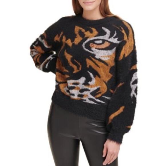 DKNY Tiger Eye Sweater Eye Lash Sequin Black Orange Women’s Medium - Picture 1 of 9